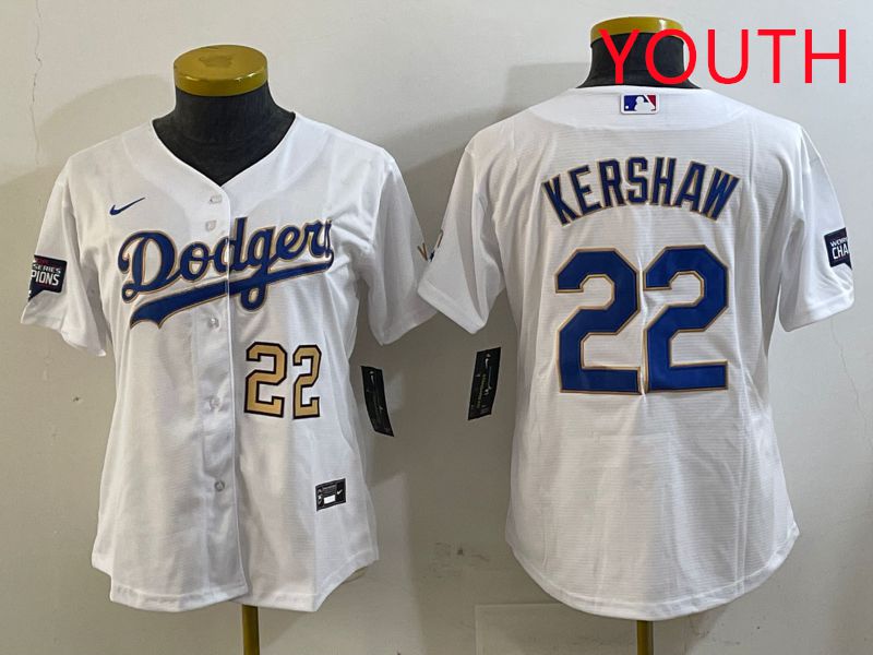 Youth Los Angeles Dodgers 22 Kershaw White Gold Game 2025 Nike MLB Jersey style 2